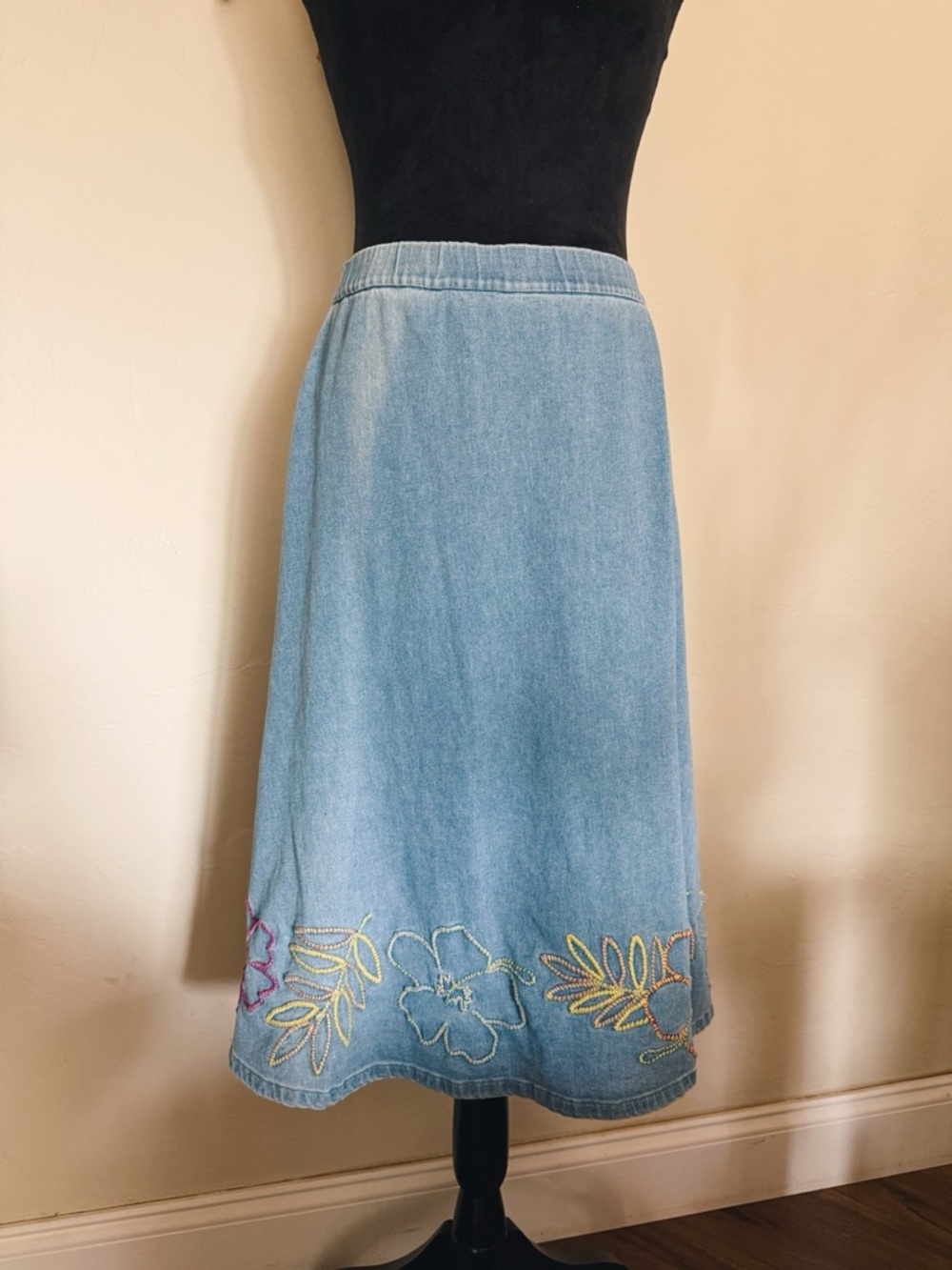Bechamel Light Blue Denim A-Line Skirt with Floral Embroidery